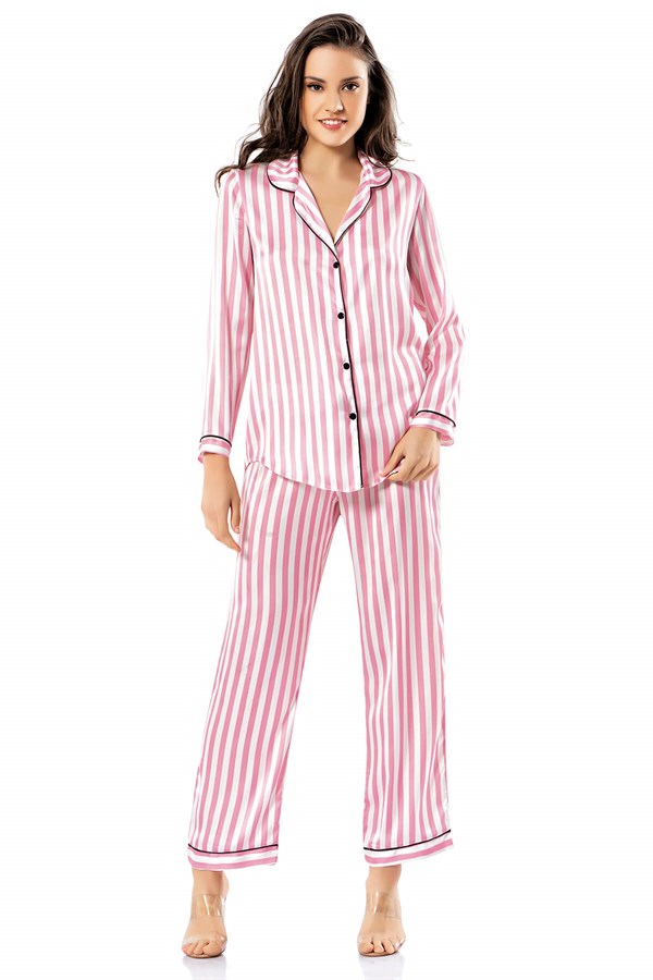 Loriva Çizgili Pembe İkili Saten Gecelik Pijama Takımı