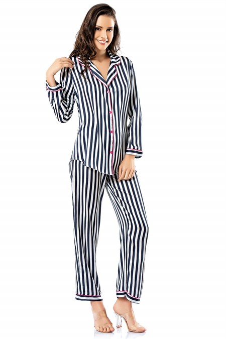 Loriva Çizgili Lacivert İkili Saten Gecelik Pijama Takımı