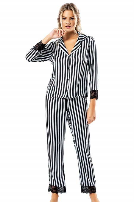 Loriva Çizgili Siyah İkili Saten Gecelik Pijama Takımı