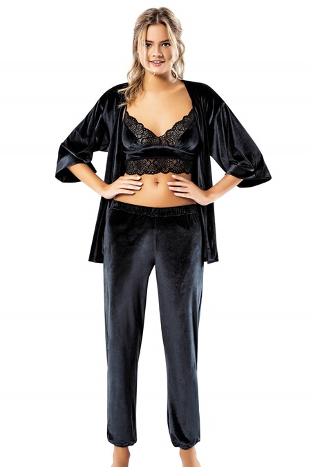 Loriva Siyah Büstiyerli Üçlü Kadife Gecelik Pijama Takımı